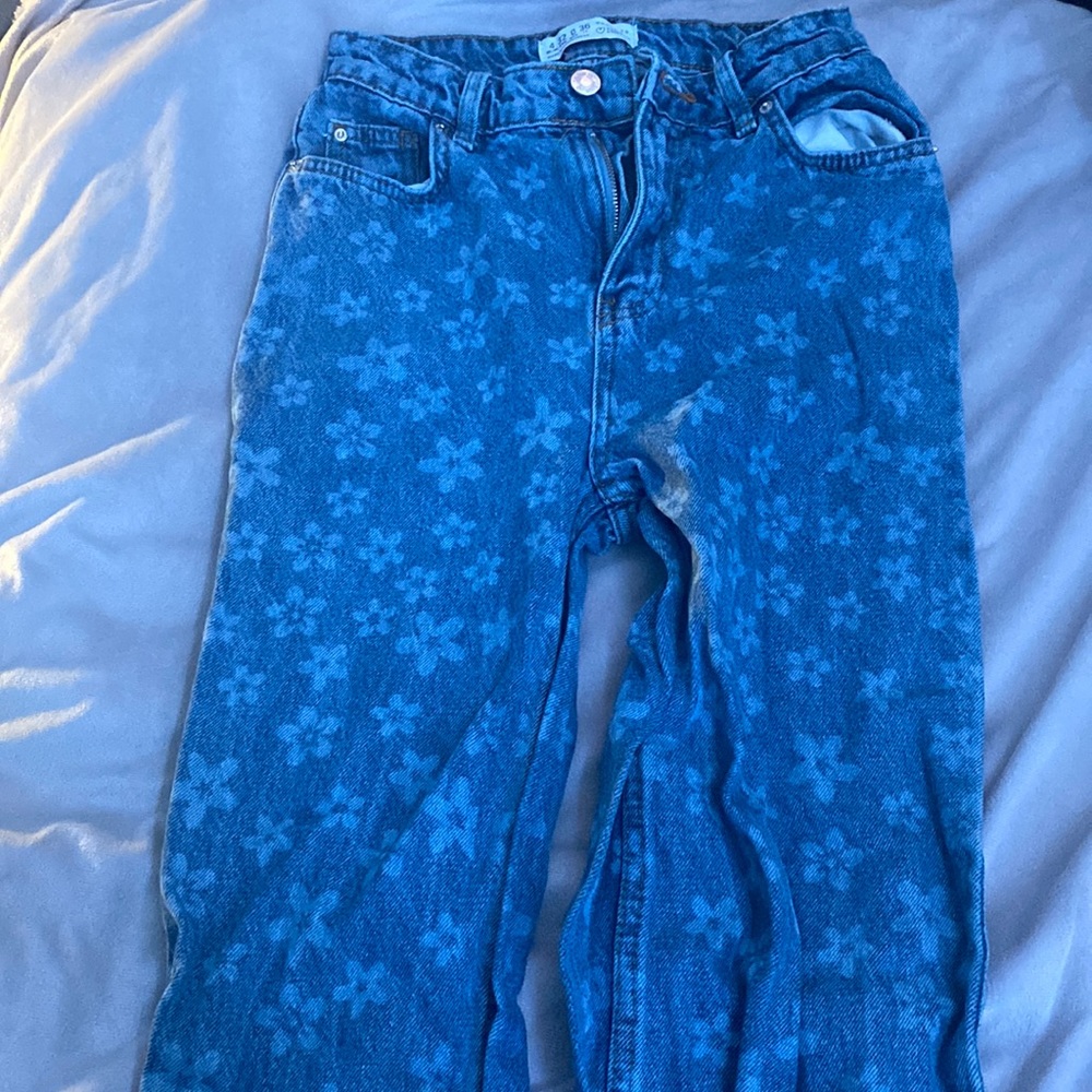 blue flower print flared jeans